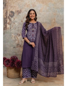 Purple Bandhani Print Cotton Kurta Set