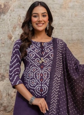 Purple Bandhani Print Cotton Kurta Set