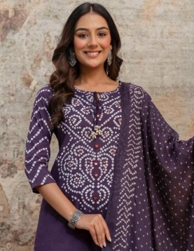 Purple Bandhani Print Cotton Kurta Set