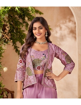 Lavender Peacock Embroidered Indo-Western Jacket &amp; Palazzo Set