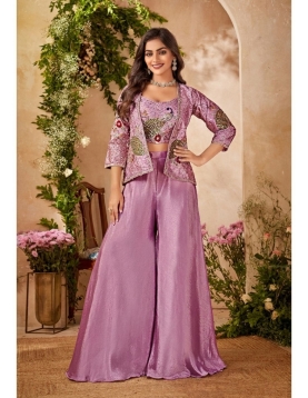 Lavender Peacock Embroidered Indo-Western Jacket &amp; Palazzo Set