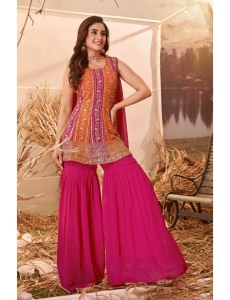 Vibrant Fuchsia & Orange Embroidered Peplum Sharara Set