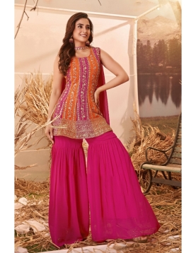 Vibrant Fuchsia & Orange Embroidered Peplum Sharara Set