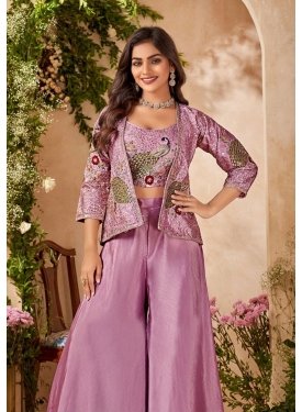 Lavender Peacock Embroidered Indo-Western Jacket & Palazzo Set