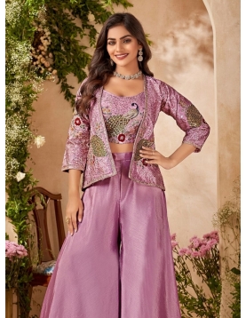 Lavender Peacock Embroidered Indo-Western Jacket &amp; Palazzo Set