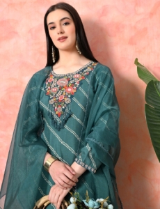 Designer Embroidered Salwar Suit, Green Diagonal Striped, Floral Neckline with Dupatta