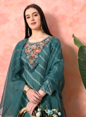 Designer Embroidered Salwar Suit, Green Diagonal Striped, Floral Neckline with Dupatta