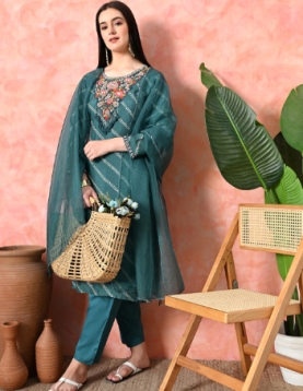 Designer Embroidered Salwar Suit, Green Diagonal Striped, Floral Neckline with Dupatta