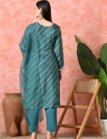 Designer Embroidered Salwar Suit, Green Diagonal Striped, Floral Neckline with Dupatta