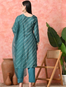 Designer Embroidered Salwar Suit, Green Diagonal Striped, Floral Neckline with Dupatta