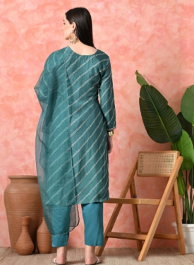Designer Embroidered Salwar Suit, Green Diagonal Striped, Floral Neckline with Dupatta