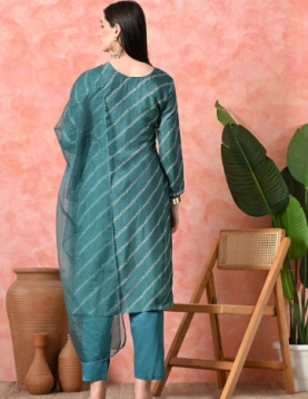 Designer Embroidered Salwar Suit, Green Diagonal Striped, Floral Neckline with Dupatta