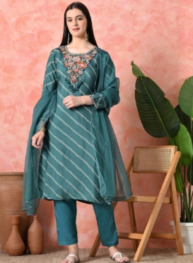 Designer Embroidered Salwar Suit, Green Diagonal Striped, Floral Neckline with Dupatta