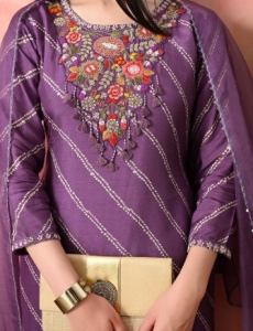 Designer Embroidered Salwar Suit, Mauve Diagonal Striped, Floral Neckline with Dupatta