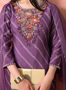 Designer Embroidered Salwar Suit, Mauve Diagonal Striped, Floral Neckline with Dupatta