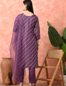 Designer Embroidered Salwar Suit, Mauve Diagonal Striped, Floral Neckline with Dupatta