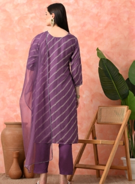 Designer Embroidered Salwar Suit, Mauve Diagonal Striped, Floral Neckline with Dupatta