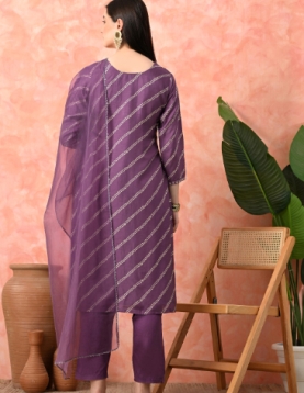 Designer Embroidered Salwar Suit, Mauve Diagonal Striped, Floral Neckline with Dupatta