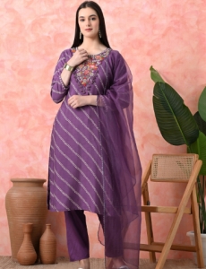 Designer Embroidered Salwar Suit, Mauve Diagonal Striped, Floral Neckline with Dupatta