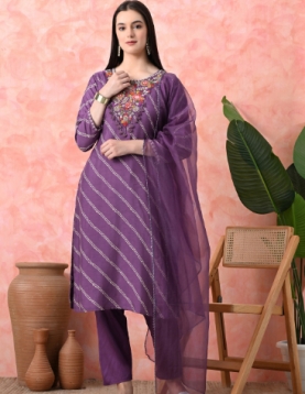 Designer Embroidered Salwar Suit, Mauve Diagonal Striped, Floral Neckline with Dupatta