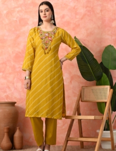 Designer Embroidered Salwar Suit, Mustard Diagonal Striped, Floral Neckline with Dupatta