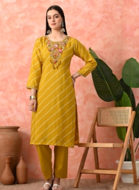 Designer Embroidered Salwar Suit, Mustard Diagonal Striped, Floral Neckline with Dupatta