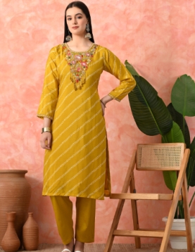 Designer Embroidered Salwar Suit, Mustard Diagonal Striped, Floral Neckline with Dupatta