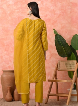 Designer Embroidered Salwar Suit, Mustard Diagonal Striped, Floral Neckline with Dupatta