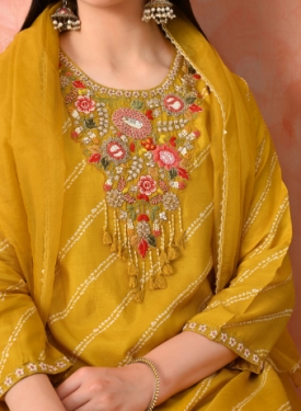 Designer Embroidered Salwar Suit, Mustard Diagonal Striped, Floral Neckline with Dupatta