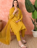 Designer Embroidered Salwar Suit, Mustard Diagonal Striped, Floral Neckline with Dupatta