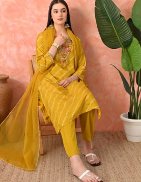 Designer Embroidered Salwar Suit, Mustard Diagonal Striped, Floral Neckline with Dupatta