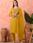 Designer Embroidered Salwar Suit, Mustard Diagonal Striped, Floral Neckline with Dupatta