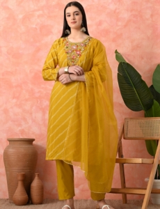 Designer Embroidered Salwar Suit, Mustard Diagonal Striped, Floral Neckline with Dupatta