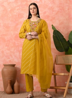 Designer Embroidered Salwar Suit, Mustard Diagonal Striped, Floral Neckline with Dupatta