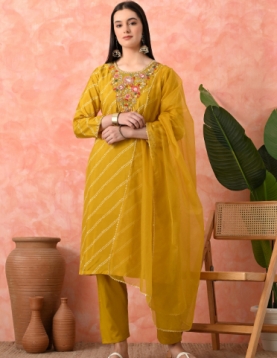 Designer Embroidered Salwar Suit, Mustard Diagonal Striped, Floral Neckline with Dupatta