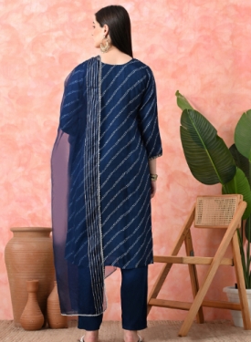 Designer Embroidered Salwar Suit, Navy Blue Diagonal Striped, Floral Neckline with Dupatta