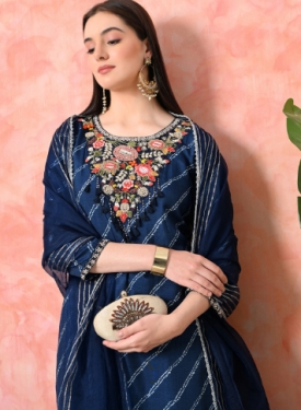 Designer Embroidered Salwar Suit, Navy Blue Diagonal Striped, Floral Neckline with Dupatta