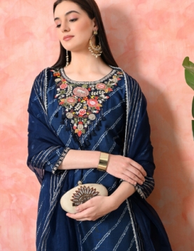 Designer Embroidered Salwar Suit, Navy Blue Diagonal Striped, Floral Neckline with Dupatta