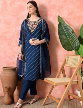 Designer Embroidered Salwar Suit, Navy Blue Diagonal Striped, Floral Neckline with Dupatta