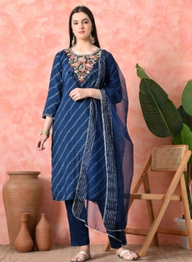 Designer Embroidered Salwar Suit, Navy Blue Diagonal Striped, Floral Neckline with Dupatta