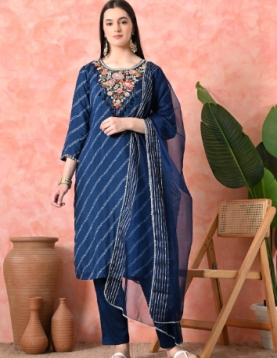Designer Embroidered Salwar Suit, Navy Blue Diagonal Striped, Floral Neckline with Dupatta
