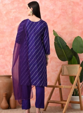 Designer Embroidered Salwar Suit, Purple Diagonal Striped, Floral Neckline with Dupatta