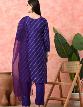 Designer Embroidered Salwar Suit, Purple Diagonal Striped, Floral Neckline with Dupatta