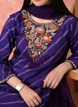 Designer Embroidered Salwar Suit, Purple Diagonal Striped, Floral Neckline with Dupatta