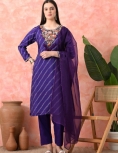 Designer Embroidered Salwar Suit, Purple Diagonal Striped, Floral Neckline with Dupatta