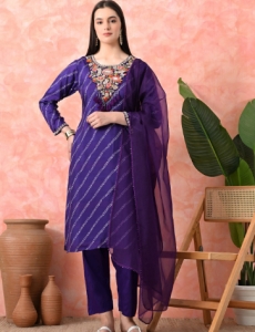 Designer Embroidered Salwar Suit, Purple Diagonal Striped, Floral Neckline with Dupatta