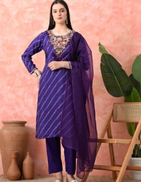 Designer Embroidered Salwar Suit, Purple Diagonal Striped, Floral Neckline with Dupatta