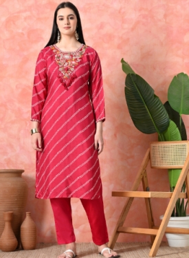 Designer Embroidered Salwar Suit, Rani Diagonal Striped, Floral Neckline with Dupatta