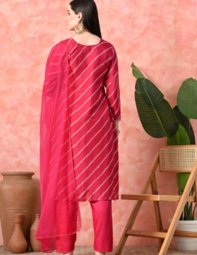 Designer Embroidered Salwar Suit, Rani Diagonal Striped, Floral Neckline with Dupatta