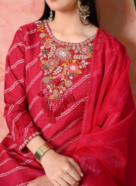 Designer Embroidered Salwar Suit, Rani Diagonal Striped, Floral Neckline with Dupatta